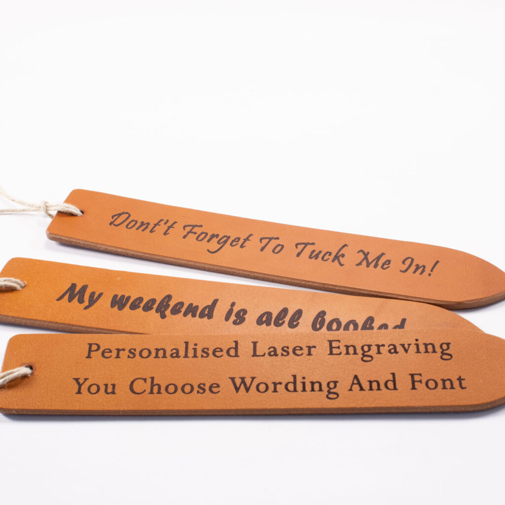 personalised laser engraving bookmarks in brown made from high quality premium vegetable tanned leather for heat pressed leather bookmarks