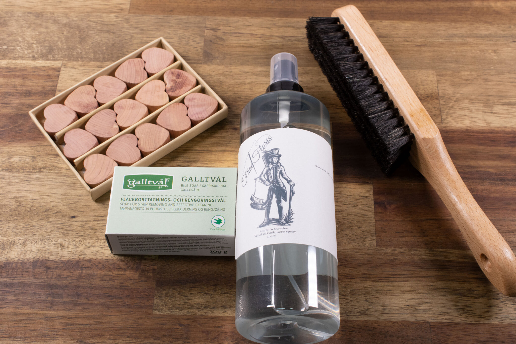 Product image of FredFloris horse hair clothes brush, all natural, organic Bile Soap, Cashmere / Wool spray