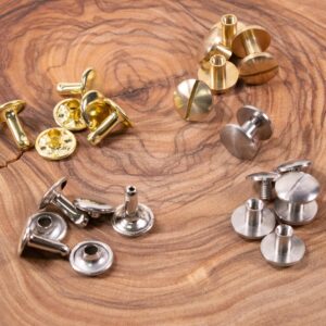 Our Fastening options: Brass rivets and Chicago screws. Bottom row: Stainless steel rivets and Chicago screws