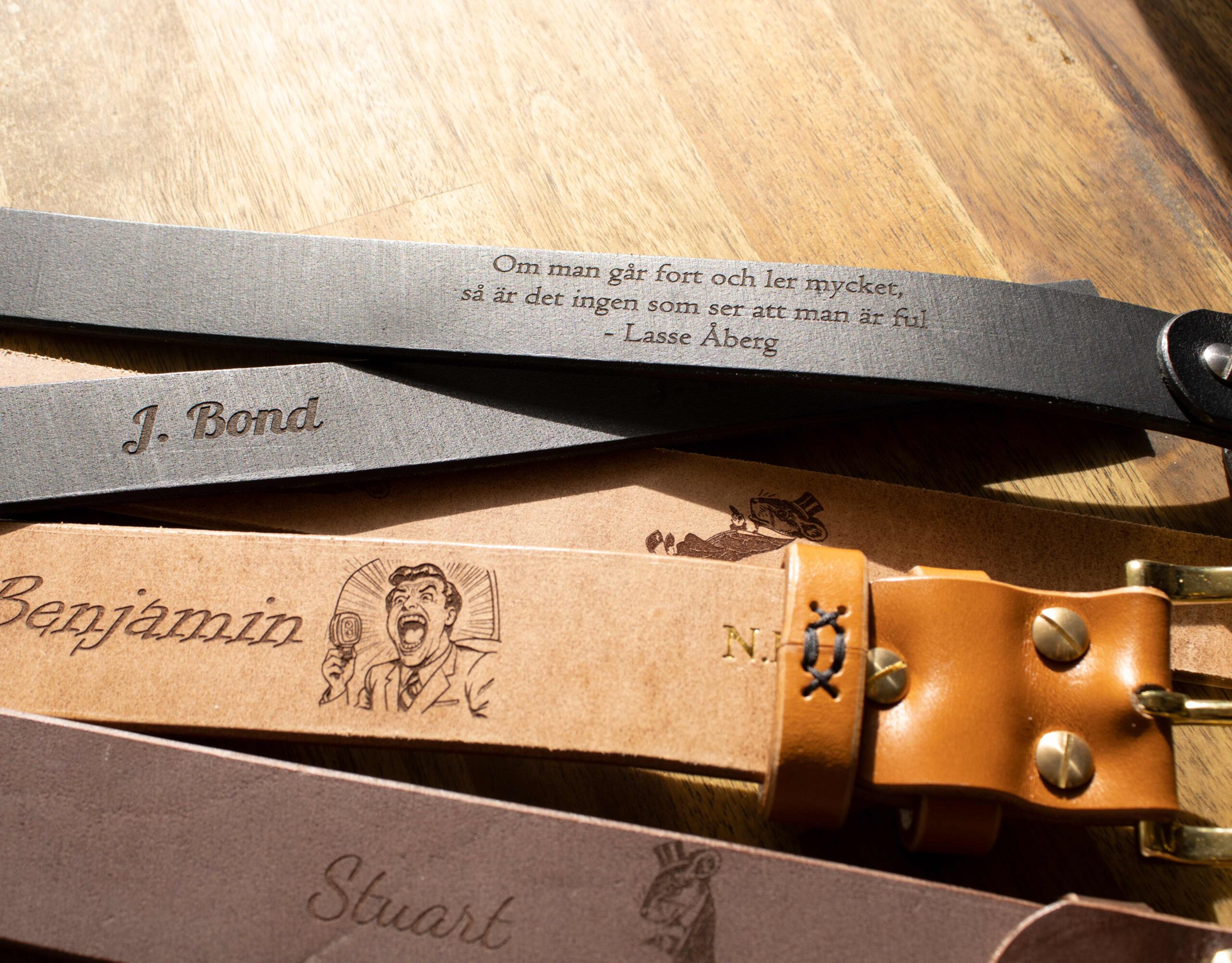 We offer personalised laser engraving on our leather belts