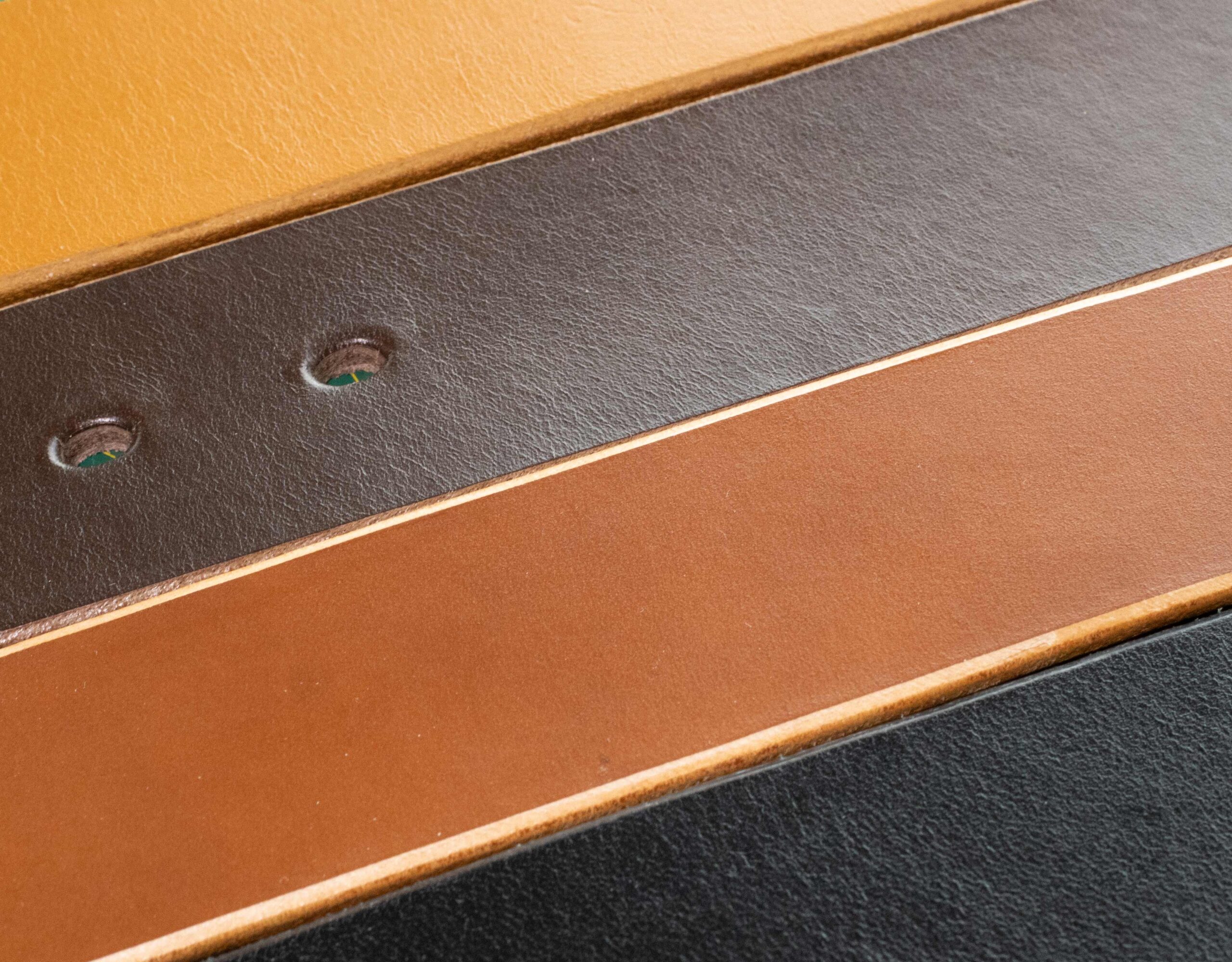Available colour options for our Heritage leather belts,: Tan, Dark Brown, Brown and Black